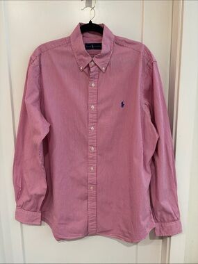 Ralph Lauren Sz XL Red Striped Button-Down Shirt with Blue Tag and Logo